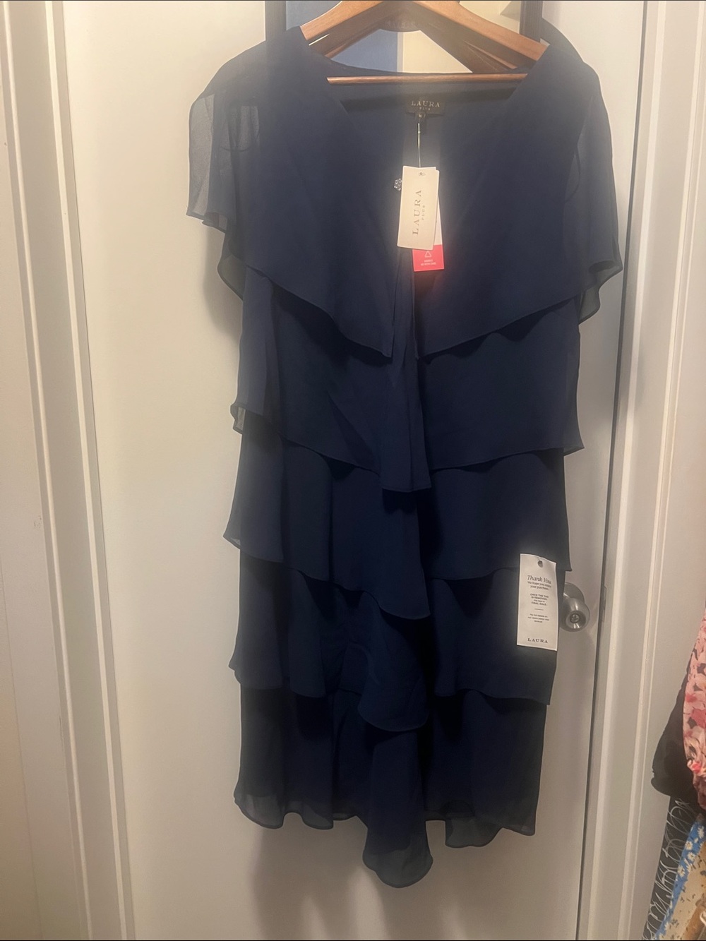 Laura Scott Navy Layered Chiffon Cocktail Dress